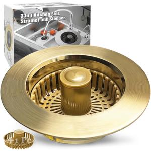 Anlige Kitchen Sink Drain Strainer, 3 in 1 Pop Up Kitchen Sink Stopper, with an Extra Basket Strainer, Universal for US Standard 3-1/2 Inch, Brushed Gold