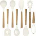 Non-Stick Silicone Kitchen Utensils Set with Natural Acacia Hard Wood Handle, Umite Chef 8 Pieces Kitchen Spatulas set, White, BPA Free, Baking, Serving and Cooking Utensils