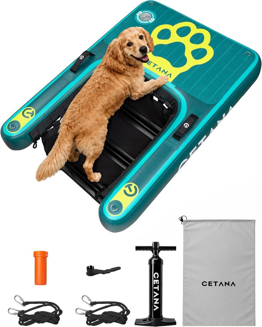 CETANA Inflatable Dog Boat Ramp with Deep Water Ladder, Crocodile EVA Non-Slip Platform, 210 lbs Floating Dog Pool Ramp, Portable Detachable Drop-Stitch Dog Dock Ramp with Tie-Down Ropes