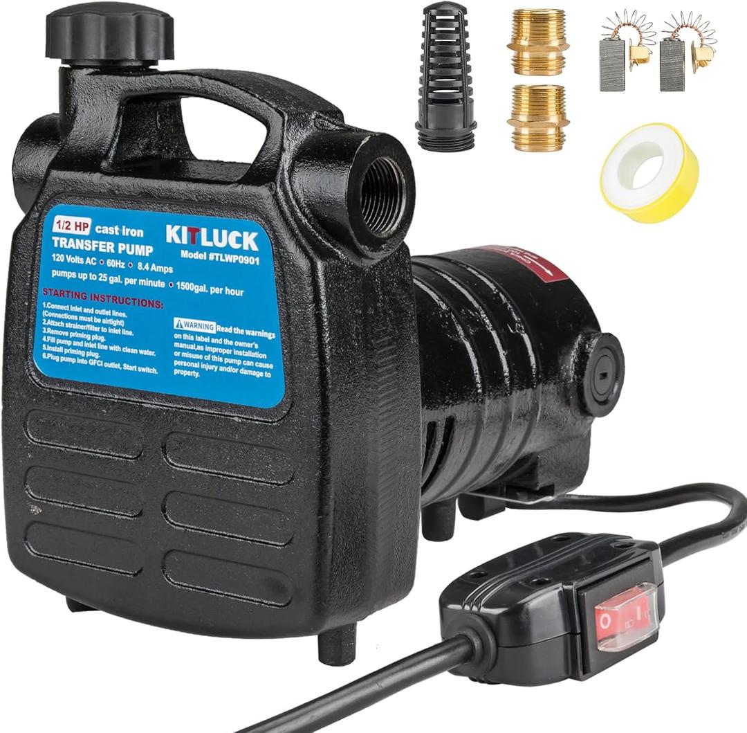 Water Transfer Pump, KITLUCK 120V 1/2 HP 1500GPH Cast Iron Portable Electric Utility Water Pump, Heavy Duty High Pressure Transfer Pump with ON/OFF Switch, Suction Strainer and Brass Connectors