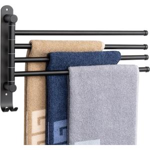 NearMoon Swivel Towel Rack, 13.8" Thicken 304 Stainless Steel 4-Arm Towel Bar, Space Saving Wall Mounted Towel Holder with Hook, Rustproof Swing Out Towel Hanger for Bathroom, Kitchen (Matte Black)