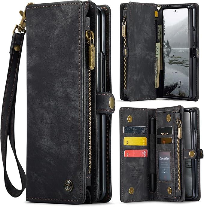 CaseMe Compatible with Samsung Galaxy Z Fold 7 Wallet Case, Magnetic Flip Zipper Pocket Kickstand Cover Premium Durable Leather Case with Card Holder Lanyard Strap Wristle (Black, Z Fold 7)