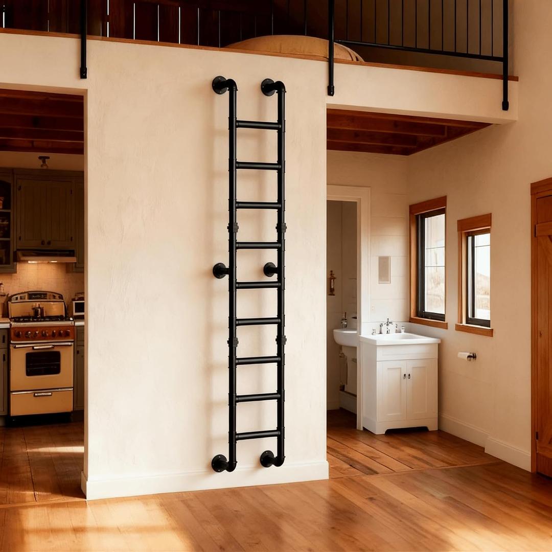 9FT Wall Mounted Ladder Heavy Duty 450lbs Capacity, 9-Step Steel Pipe Fire Escape Ladder for Egress Window & Basement, Industrial Wall/Floor-Mounted Loft