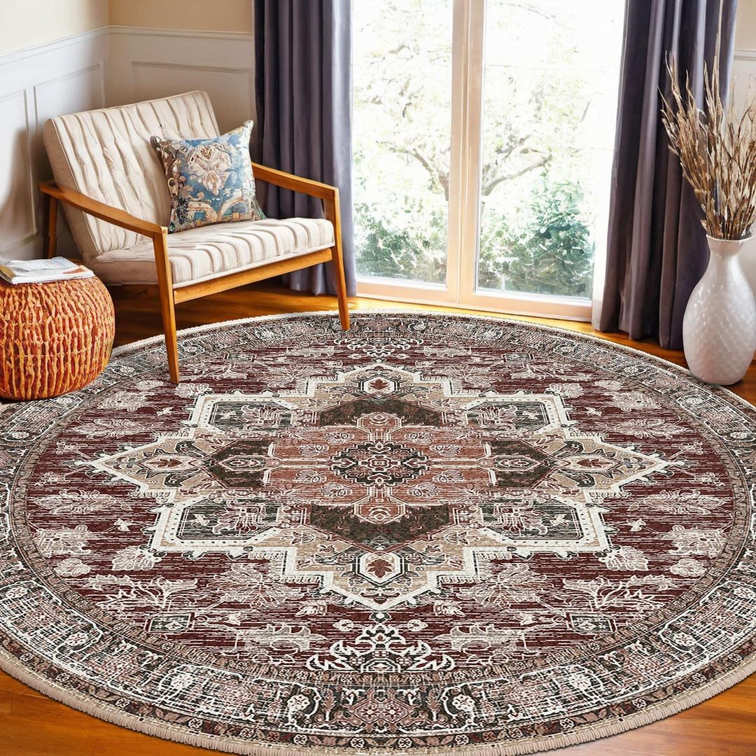 BESTSWEETIE 6ft Area Rugs for Living Room Washable Non Slip Carpet Low Pile Soft Vintage Print Pattern Rug for Bedroom Dining Room Kitchen Entryway Indoor-Burgundy / Brown / Brick / Black / Light tan