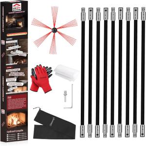 30 Feet Chimney Sweep Kit, Chimney Cleaning Kit with 9 Flexible Black Chimney Rods, Chimney Brush for Sweeping Fireplace, Rotary Chimney Cleaning System Driven by Drill