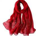 WINCESS.YU Silk Scarf for Women Lightweight Shawls and Wraps for Weddings Fashion Pashmina Shawl Embroidered Scarves (Leaf Embroidery Wine Red)