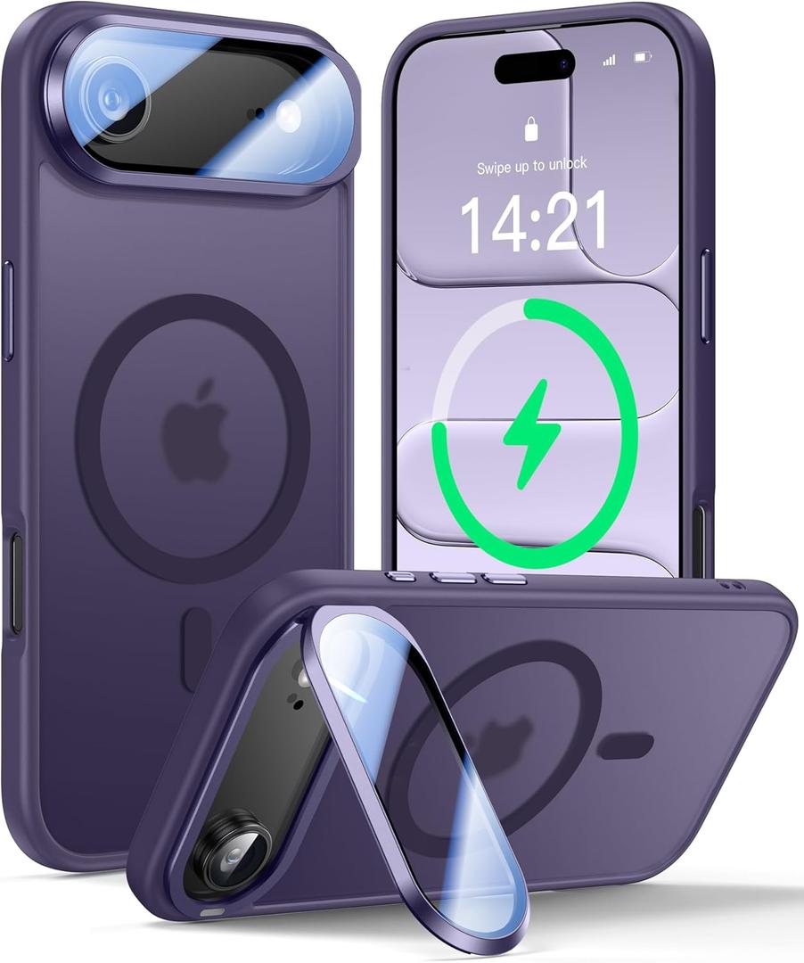 [Upgraded Full Camera Protection] for iPhone Air Case with Camera Cover Stand [Fit for MagSafe][10FT Mil-Grade Protection] Translucent Magnetic Phone Cover for iPhone 17 Air Case, Purple