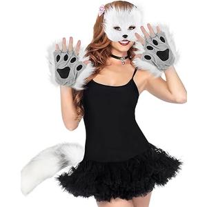 YXCFEWD Cat Mask Therian Tail with Paws Furry Halloween Therian Gear Stuff Wolf Fox Costume for Cosplay Over 1 years Old (White)