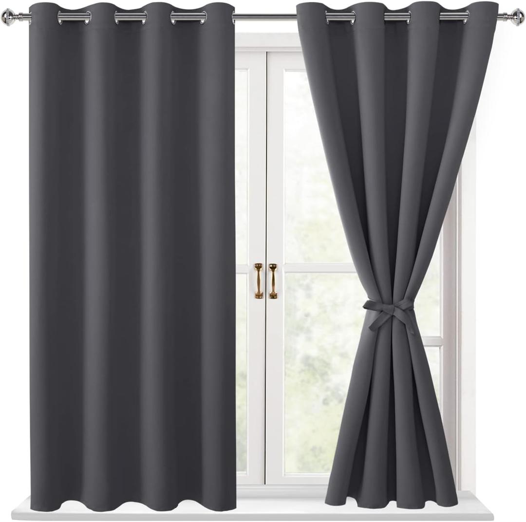 Hiasan Grommet Blackout Curtains for Bedroom, 52 x 54 Inches Long - Thermal Insulated & Light Blocking Window Curtains for Living Room, 2 Drape Panels Sewn with Tiebacks, Dark Grey