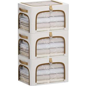 CYhom Clothes Storage Bins with Metal Frame,3 See-Through Windows Openings Clothing Storage Bin,3 Pack Foldable Storage Bins Boxes for Closet (White, 34L-16.5 x 12.6 x 9.8IN)
