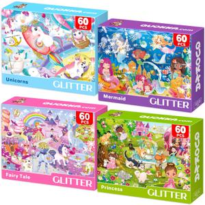QUOKKA Puzzles for Kids Ages 4-6 - Set of 4x60 Jigsaw Puzzles for Toddlers 3-5 - Glitter Unicorn Princess Animals Toys for Children 6-8 yo - Gift Educational Game for Boys & Girls