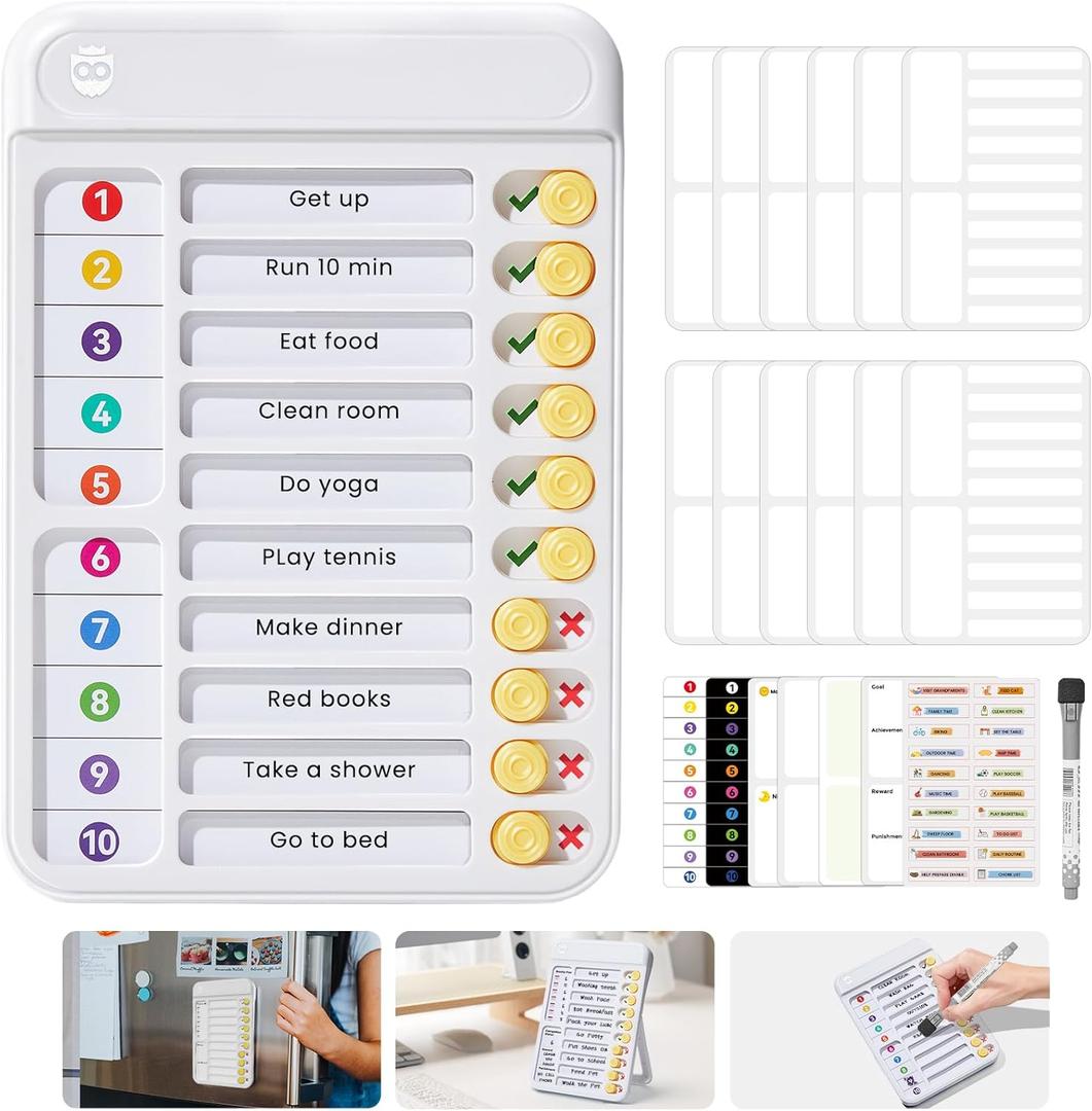 Magnetic Chore Chart for Kids, ADHD Tools for Kids to Do List Checklist Task Board Routine Chart Visual Schedule for Fridge with 10 Sliders and Magnetic Marker - White