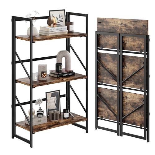 JSB No Assembly Folding Bookshelf, 3 Tier Industrial Metal Book Shelf for Storage, Vintage Wood Foldable Bookcase for Living Room, Bedroom, Office Organization Shelves