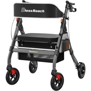 BlessReach Heavy-Duty Aluminum Rolling Walker - Foldable Rollator Walkers with Seat for Seniors, 450 lb Capacity, 8'' Wheels, 18" Big Seat, 6-Position Height(Gray)