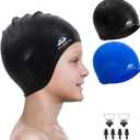 2 Pack Kids Swim Caps for Boys Girls, Durable Silicone Swimming Cap with 3D Ear Pockets for Age 3-15 Toddler Child Youth Teen, Unisex Swim Bath Hats for Short/Long Hair with Ear Plugs Nose Clip (Black&Blue)