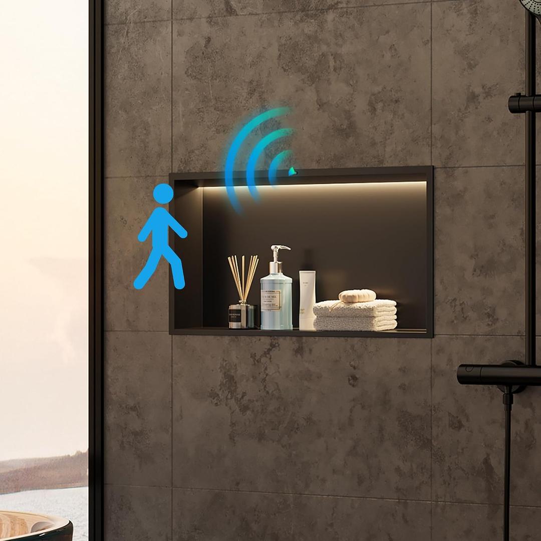Qeke Stainless Steel Shower Niche 24" X 12", No Tile Needed Wall Niche with Non-Dimmable Led Strip &Motion Sensor, Recessed Shower Shelf for Bathroom Storage Over Mount Installation, Matte Black