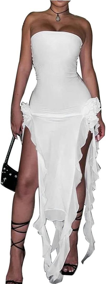 Women's Sexy Fringe Ruffle Sleeveless Backless Off Shoulder Bodycon Split Irregular Hem Maxi Flowy Dress (White, M)