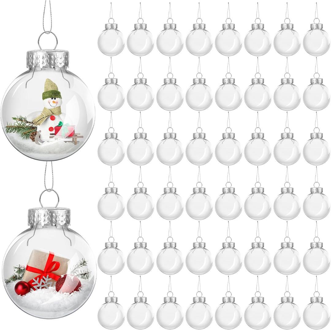 ANVAVO 50 Pieces 2.36 Inch Christmas Round Clear Plastic Ball Ornaments Bulk Removable Top Transparent Hanging Ornaments Ball DIY Fillable Clear Baubles for Xmas Tree Home Party Decor