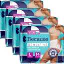 Because Adult Incontinence Underwear for Sensitive Skin - Women - Premium Overnight Disposable Briefs, Anti Odor - White, Large - Absorbs 6 Cups - 56 Count (4 Packs of 14)