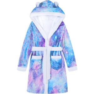 Funnycokid Girls Robes Kids Hooded Bathrobe Soft Fleece Pajamas Plush Flannel Sleepwear 7-8 Years (Purple)
