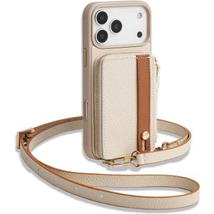 LAMEEKU for iPhone 17 Pro Case Wallet with Wrist Strap, Zipper Crossbody Purse with Phone Grip Holde 6.3 inch Beige