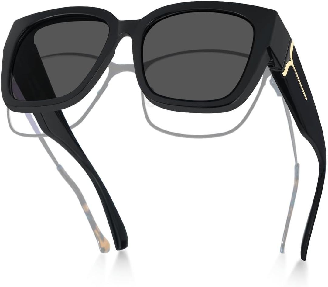 Meeloog Polarized Fit Over Glasses Sunglasses for Women UV Protection, Trendy Square Wrap Around Shades for Driving Riding (P1 Black Frame/Grey Lens)