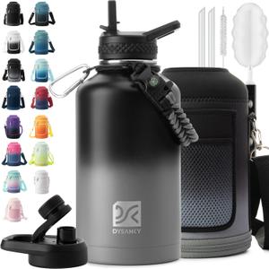 DYSANKY Insulated Water Bottle | Thickened Stainless Steel Vacuum Metal | Portable Sports Half Gallon Large Water Jug for Gym and Hiking with Straw, Carrier Bag, Handle Strap | BPA-Free 64 oz (Black/Gray)
