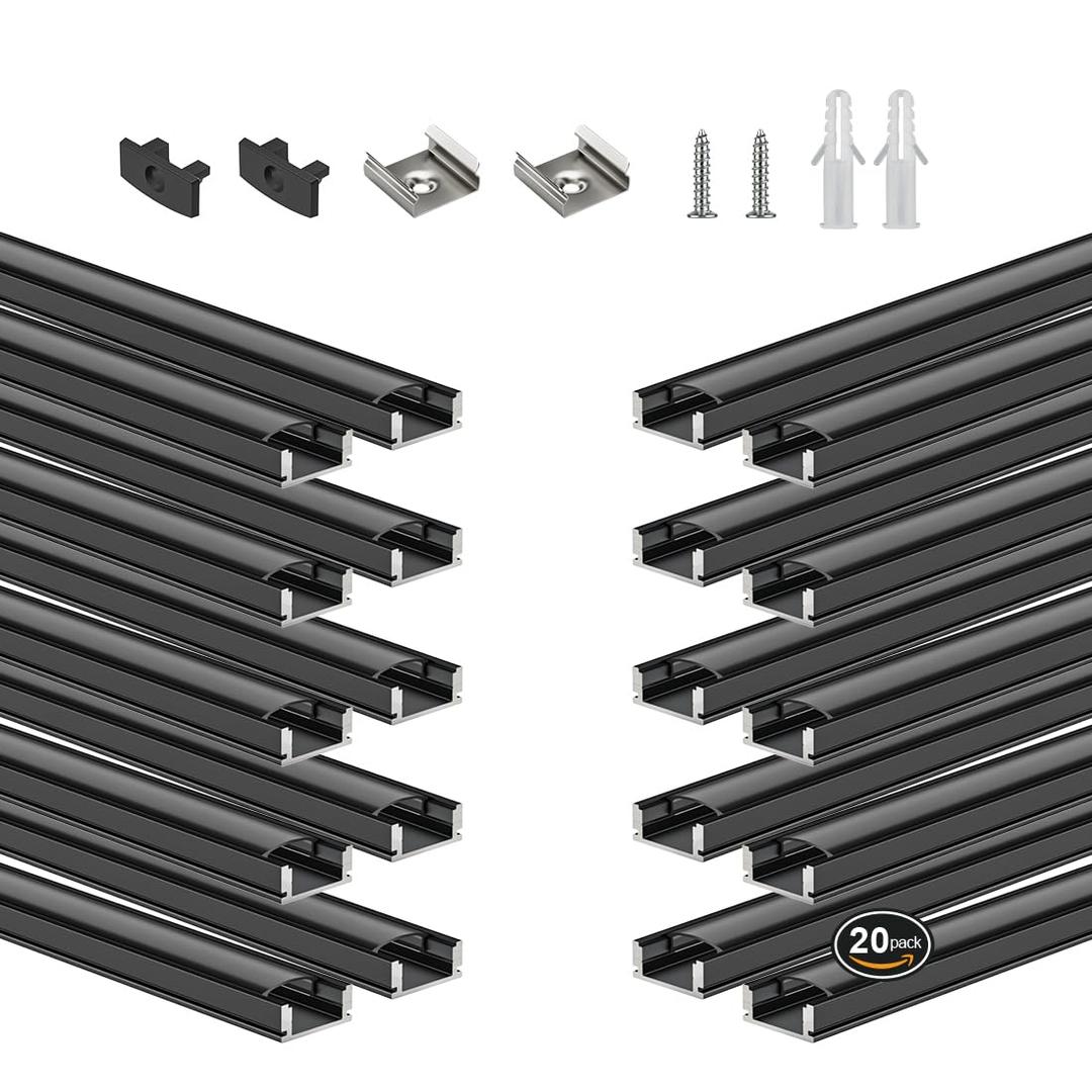 BTF-LIGHTING 20Pack 1.64FT/0.5M U Shape Black LED Aluminum Channel System with Black Cover Lens,Aluminum Extrusion Track Housing Profile Diffuse for 8/10/12mm SMD FCOB Strip Lights