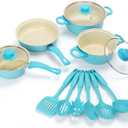 Non-Stick Cookware Set, Portable Lightweight Cast Iron Pots and Pans with Glass Lids and Nylon Utensils - 13 Piece Set Blue for Outdoor Camping Picnic Travel