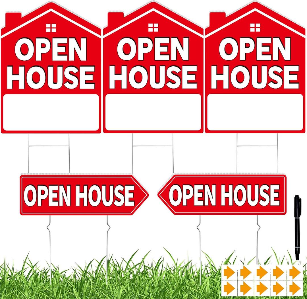 Open House Signs for Real Estate 5 Pack, 17"x13" Open House Sign Double Sided Waterproof, Directional Arrows with Metal Stakes for Real Estate Agent, Property Sale Red