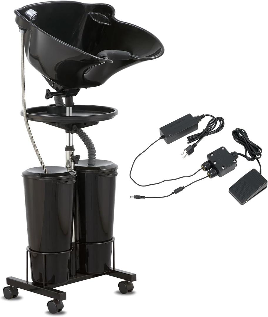 Portable Shampoo Bowl with Electric Pump (Pack of 1) | Adjustable Basin Height, Dual-Bucket Design with Drain Hoses | Home & Barber Use | (Big-Black)