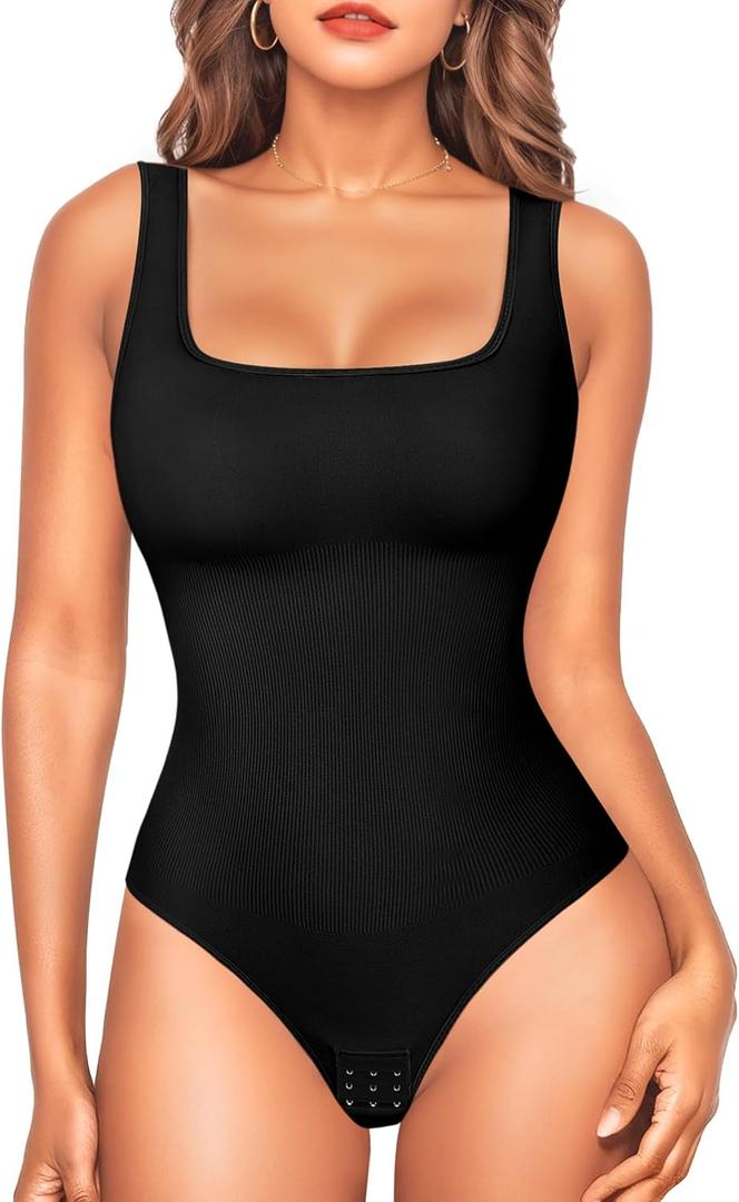 Shapewear Bodysuits for Women : Thong Shapewear Tummy Control Body Shaper Square Neck Body Suits Tank Top (X-Small-Small, Black)