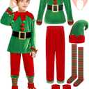 SOMSOC 7 Pack Kids Christmas Elf Costume Set Boys Velvet Elf Dress Up Santa's Helper Costume Xmas Festive Outfit