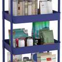 JIUYOTREE 4-Tier Plastic Rolling Storage Cart Utility Cart with Extra Hanging Cups Handles Lockable Wheels for Living Room Bathroom Kitchen Office Blue
