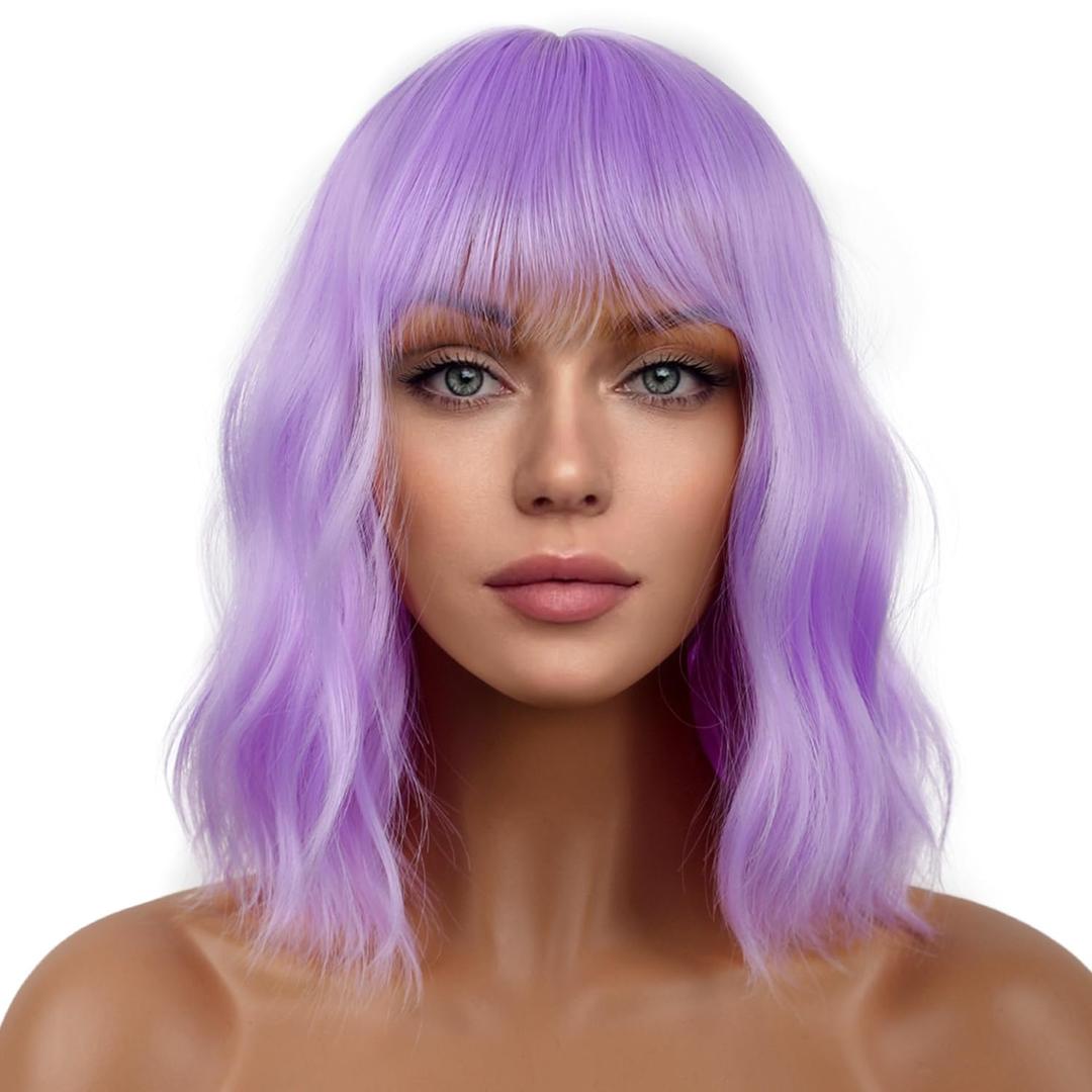Short Bob Wigs with Bangs for Women Loose Wavy Wig Curly Wavy Shoulder Length Bob Synthetic Cosplay Wig for Girl Colorful Costume Wigs (Purple)