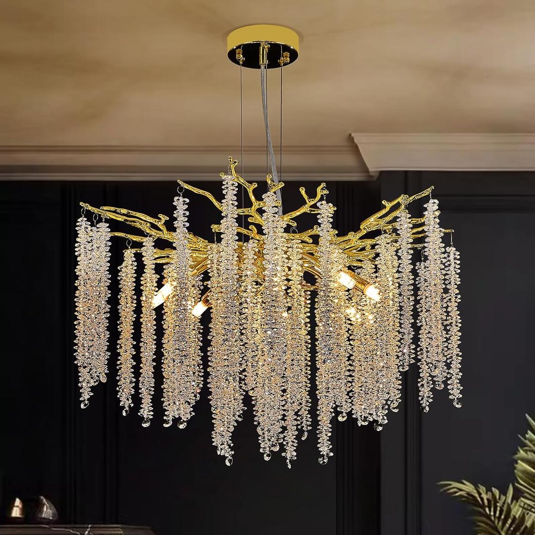 Modern Tree Branch Crystal Chandelier Luxury Gold Raindrop Pendant Lighting 23.6" Contemporary 8-Light Chandeliers for Dining Room Kitchen Bedroom Living Room