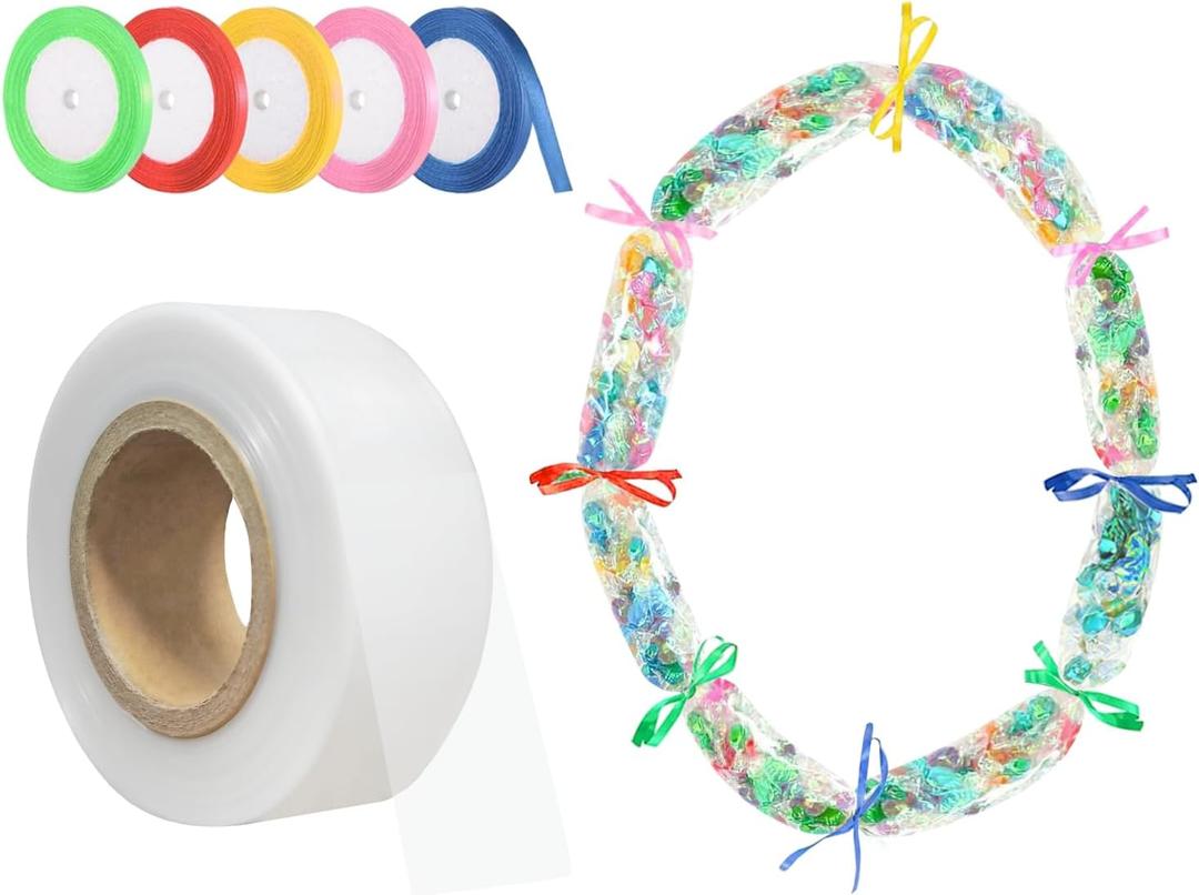 1 Roll Poly Tubing with Ribbon 2 Inch x 328 ft with 5 Rolls Ribbon Graduation Candy Lei Tubing Lei Making Kit for Colorful Graduation Candy Garland Decorations