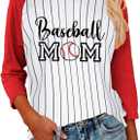Womens 3/4 Sleeve Red Baseball Shirt for Mom Crewneck Patchwork Raglan Striped Print Baseball Tees  (L)