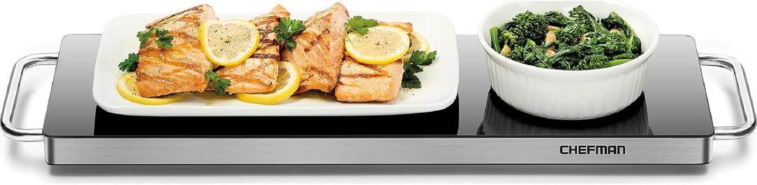 Chefman Long Electric Warming Plate Heating Element, Prep Food for Parties, Stainless Steel Frame & Tempered Glass Surface, Buffet at Home, for Trays & Dishes, Cool-Touch Handles, Black