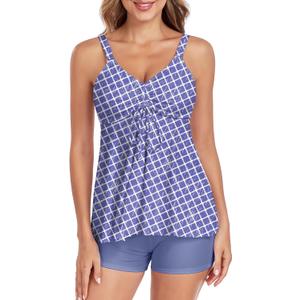 Tankini Swimsuits for Women Two Piece Bathing Suits Tummy Control Swimsuit Flowy Tank Top with Boyshort Swimwear, Large, Grey Diamond 