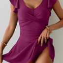 Aidonger One Piece Swimdress Tummy Control Ruffle Swimsuit for Women Tie Knot Swim Dresses V Neck Bathing Suit Skirt (Purple, X)