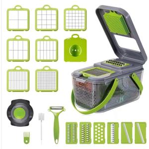 Vegetable chopper 22-in-1 with container, Vegetable & Fruit Chopper cutter with 13 Blades, Egg Slicer, Cheese Grater, Mandoline slicer, Veggie Dicer, Onion Chopper, Garlic Mincer, Peeler, Dicer
