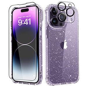 MIODIK for iPhone 14 Pro Max Case with Screen Protector + Camera Lens Protector, [Non-Yellowing] Clear Glitter Phone Case, Shockproof Protective Women Cute Bumper Cover for 6.7 Inch - Sparkle Clear