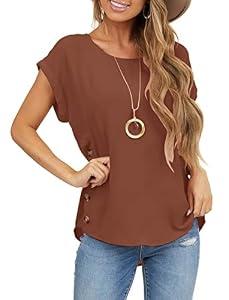 Orchidays Womens Casual Short Sleeve Tops Dressy Crew Neck Side Button Shirts Blouse Brown, Small