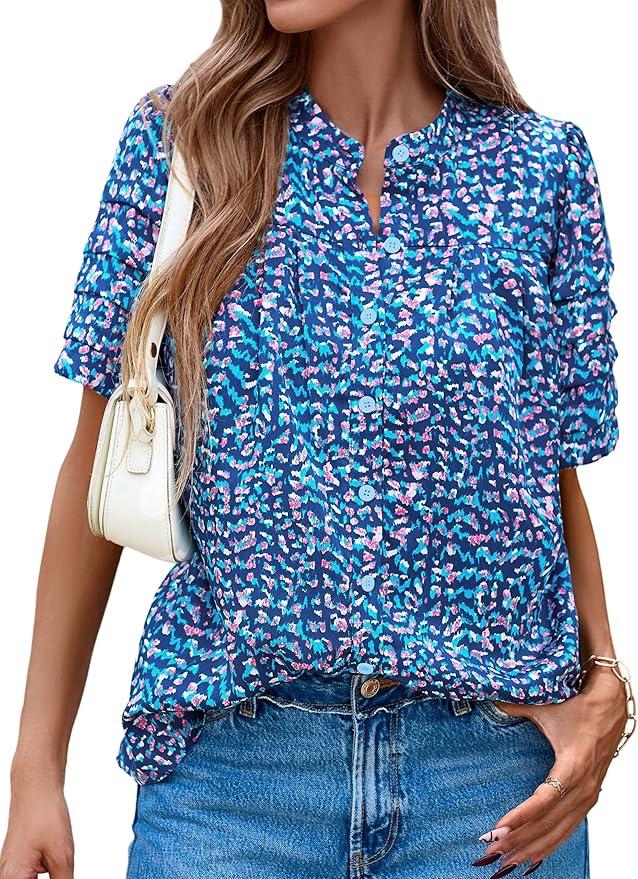 MASCOMODA Womens Tops Summer Boho Floral Short Sleeve Button Down Shirts Crewneck Loose Vacation Dressy Casual Work Blouses S