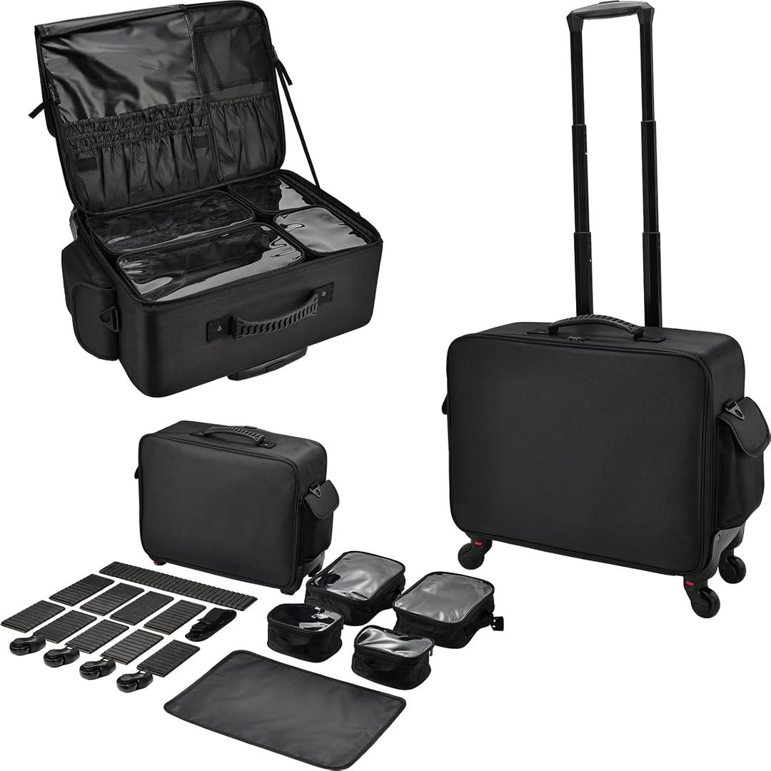 Rolling Makeup Case Cosmetology Case on Wheels Extra Large Cosmetic Artist Bag Portable TravelCase for Hairstylists Nail Tech Traveling Professional Make Up Train Suitcase Carts Trolley, Black