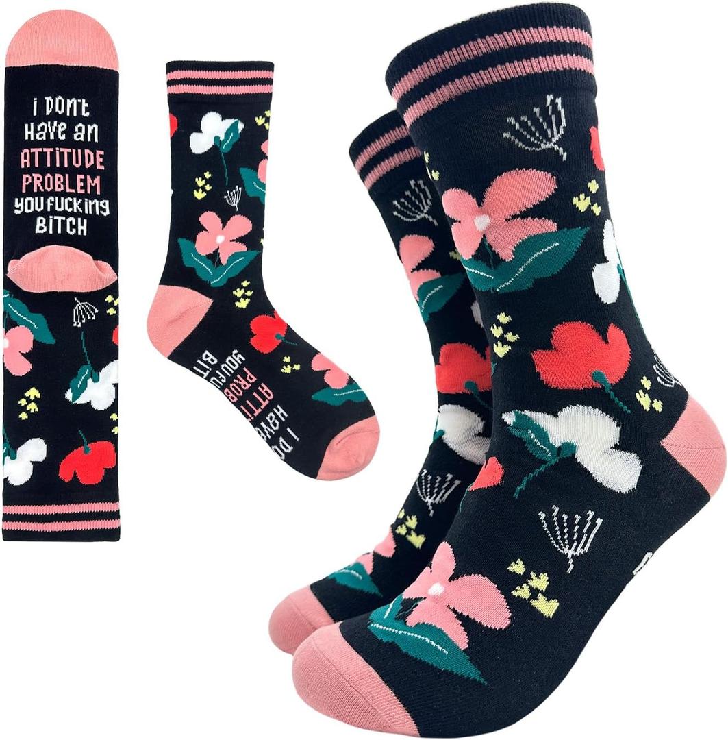 I Don't Have an Attitude Problem Novelty Funny Breathable Printed Cotton Socks, Unisex Cozy Knitted Crew Socks with Humorous Sayings, Gifts for Friend Bestie Coworker Boss Manager Employer