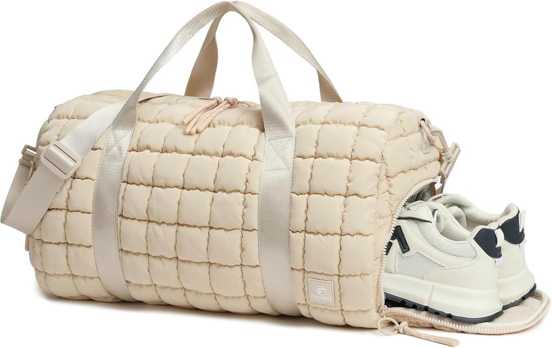 Quilted Duffel Bag for Women, Puffer Gym Duffle Bag with Shoe Compartment Lightweight Large Crossbody Sport Bag Travel Tote Beige