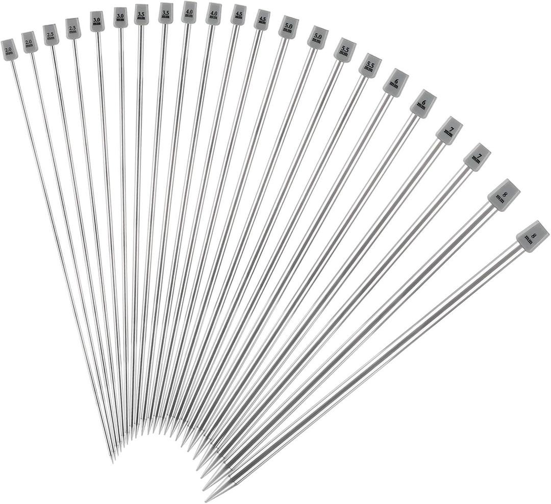 LEMESO 22Pcs/11 Pairs Stainless Steel Knitting Needles Set, Colored Straight Single Pointed Metal Knitting Needles, 11 Sizes from 2.0mm-6.5mm, 13.7 Inches Length for Handmade DIY Knitting (35cm)