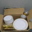 350Piece Gold Dinnerware Set for 50 Guests - Gold Plastic Plates with Disposable Cutlery Include:50Dinner Plates-50Dessert Plates-50Pre Rolled Napkins with Silverware for Father's Day (White and Gold - Modern)